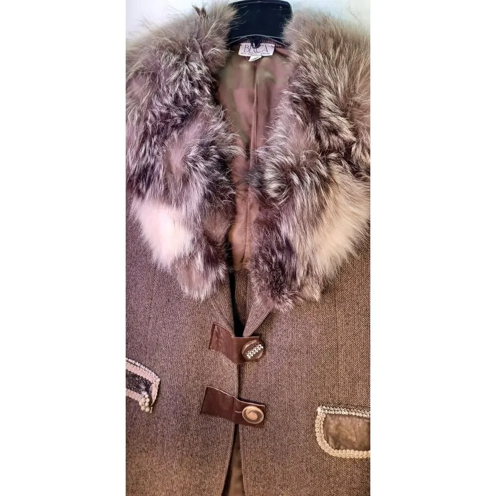 VTG 60s/70s Becca Wool Tweed Jacket Large Brown Coat with Fur Collar - Picture 5 of 9